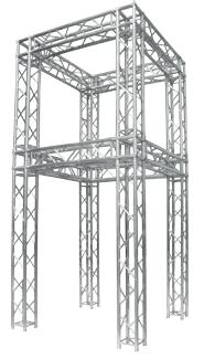 Colunas Truss fabricadas em alumínio, em cor prateada, com tubos de 32mm de diâmetro. Ideal para a realização e montagem de stands, cenários, eventos ao ar livre, colocação de lonas, entre outros.