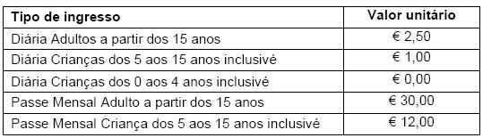 2 Pela utilização de espreguiçadeira é devida a tarifa de 1,60 que inclui o fornecimento do respectivo colchão.