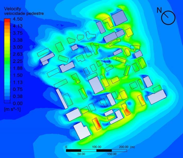 Figura 12 Vista superior do modelo, com a velocidade do ar em um plano a 1,50m do solo com ventos a sudeste e edificações sem pilotis livres.