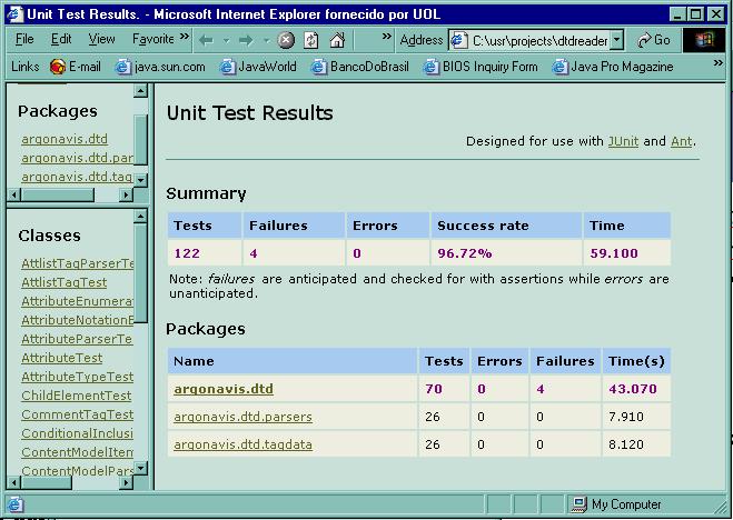 <junitreport> 53 Gera um relatório detalhado (estilo JavaDoc) de todos os testes, sucessos, falhas, exceções, tempo,... <target name="test-report" depends="batchtest" > <junitreport todir="${test.