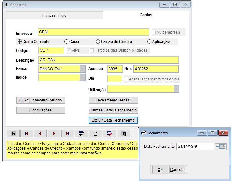 4.g ) Excluir datas de fechamento das contas Marque uma das circunferências para escolher uma conta.