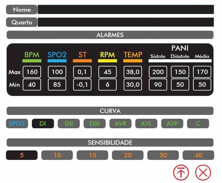 Tela de ajustes Manual do Usuário Ajustes Nesta tela é possível inserir nome e o número do quarto, ajustar o valor dos alarmes, selecionar a curva que será mostrada na tela.