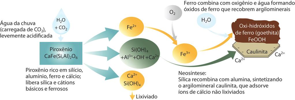 Fig. 3.8 (a) Esquema de alteração do mineral piroxênio, rico em oxigênio, ferro, sílica e cálcio. Com a hidrólise, seus cátions são liberados.