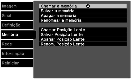 Opções de memória do projetor - Menu Memória O seu projetor vem com 10 locais de memória onde você pode salvar configurações personalizadas para obter a melhor qualidade de imagem para cada uma das