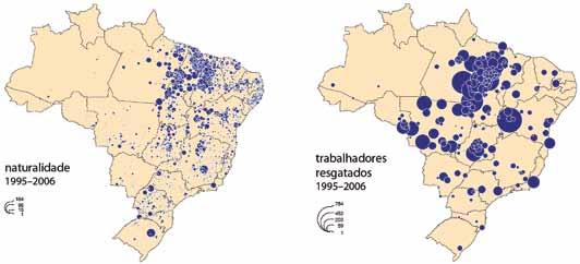 Questão 08 Configuração territorial da dinâmica do trabalho escravo no Brasil (Hervé Théry et al. Atlas do trabalho escravo no Brasil, 2009. Adaptado.