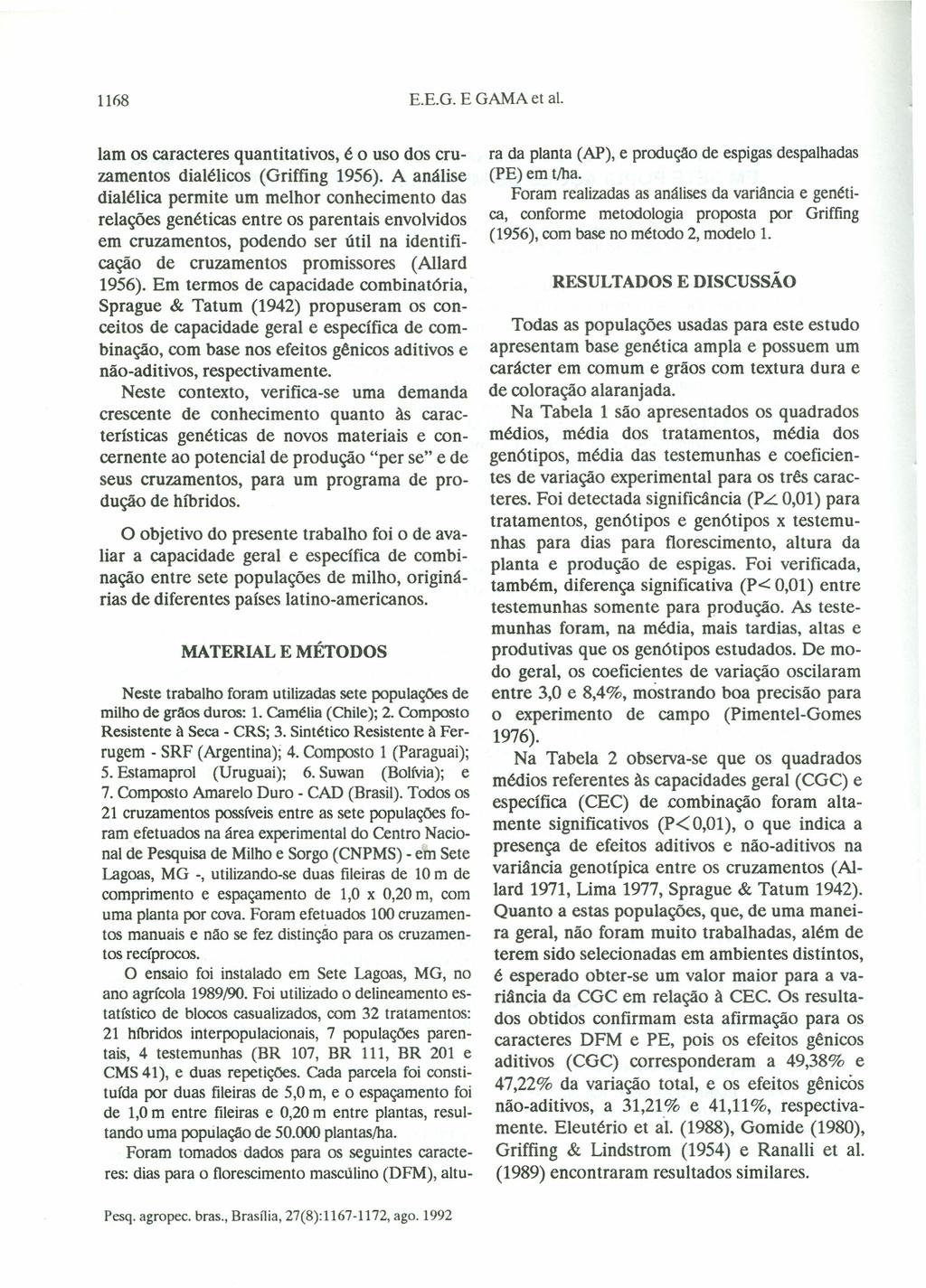 1168 E.E.G. E GAMA et ai. Iam os caracteres quantitativos, é o uso dos cruzamentos dialélicos (Griffing 1956).