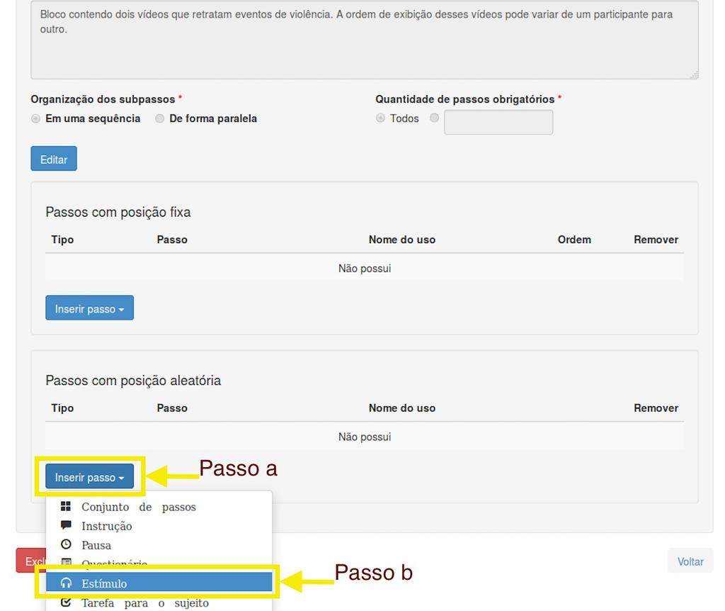 6.5 Incluir Passos de Estímulos e de Pausa 01 Na seção Passos com