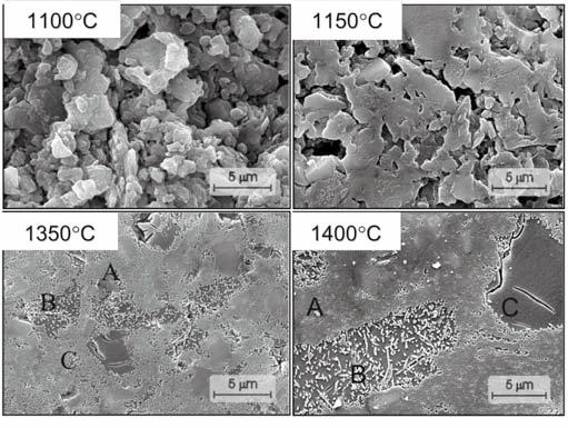 ] obtidas com baixo aumento por microscopia eletrônica de varredura, MEV, de amostras sinterizadas em diferentes temperaturas.