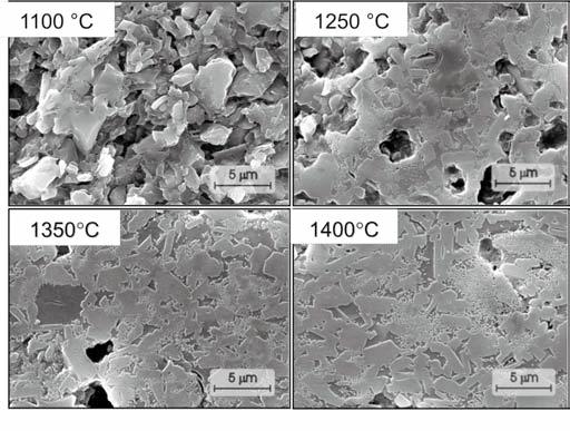 [Figure 17: SEM micrographs of composition G sintered at 1350 C and 1400 C.] Figura 16: Micrografias obtidas por MEV da composição G sinterizada a: 1100 C, 1250 C, 1350 C e 1400 C.