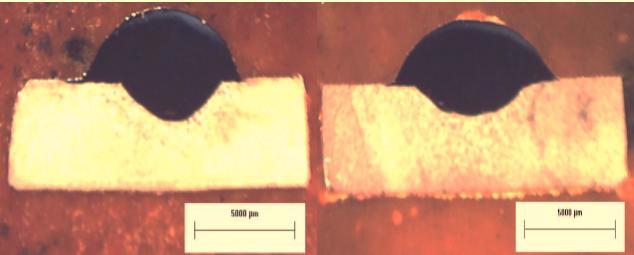 49 9,45 mm 10,64 mm 5 mm 5 mm Experimento 1 Experimento 5 Figura 15 - Comparação de largura dos cordões com a variação da tensão Fonte - Autoria própria Observando o Gráfico 4, e a Figura 15,