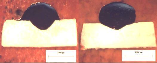 55 9,45 mm 7,25 mm Experimento 1 5 mm Experimento 2 5 mm Figura 18 - Comparação da largura dos cordões com a variação da velocidade de alimentação do arame Fonte - Autoria própria Na Figura 18, é