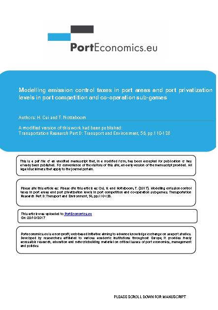 CUI, H. e outro Modelling emission control taxes in port areas and port privatization levels in port competition and co-operation sub-games / H. Cui, T. Notteboom.