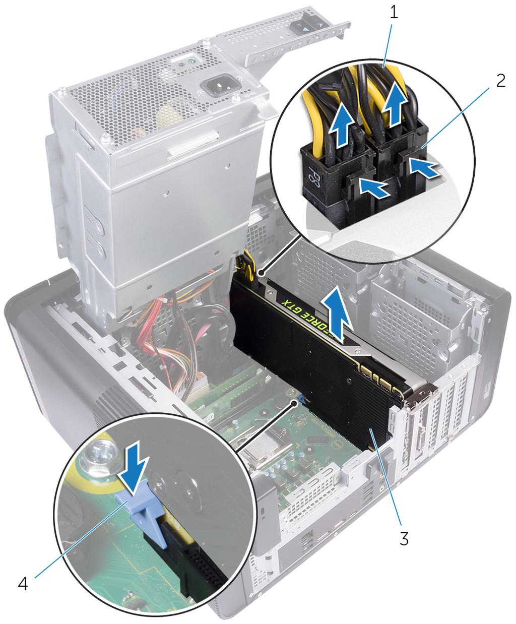 3 Empurre a aba de fixação no slot PCIe, afastando-a da placa gráfica de tamanho normal, segure a placa pelos seus cantos superiores e remova-a do