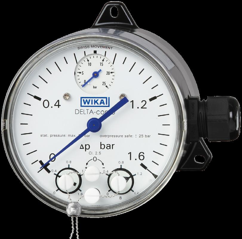 Medição mecatrônica de pressão Manômetro diferencial com contatos elétricos Com indicação integrada de pressão de operação (DELTA-comb) Modelo DPGS40TA, com teste de componente Folha de dados WIKA PV