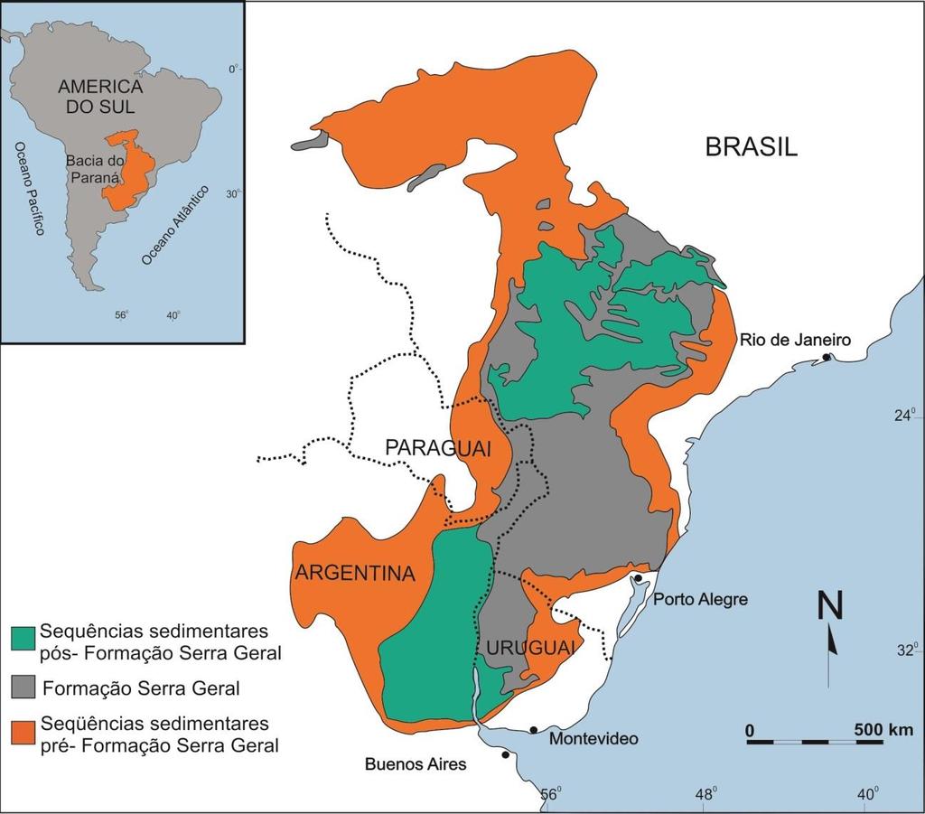 16 Figura 1 - Mapa geológico simplificado da Bacia do Paraná com a Formação Serra Geral e as sequências sedimentares pré e pós o evento magmático (modificado de Waichel et al., 2013).