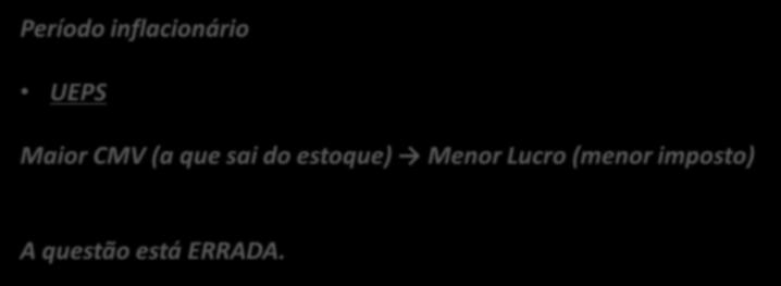 Métodos de Avaliação de Estoque 27. (CESPE / ANTAQ / 2009) O custo médio é o método de avaliação mais indicado para períodos inflacionários.