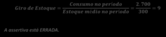 (Resolução - continuação) Valor consumido no período Giro de Estoque = Valor do estoque médio no período R$ 800.