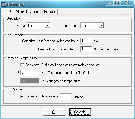 Restrição para comprimento das barras Opções para unidades de força e comprimento. Proximidade mínima entre nós, para evitar nós sobrepostos.