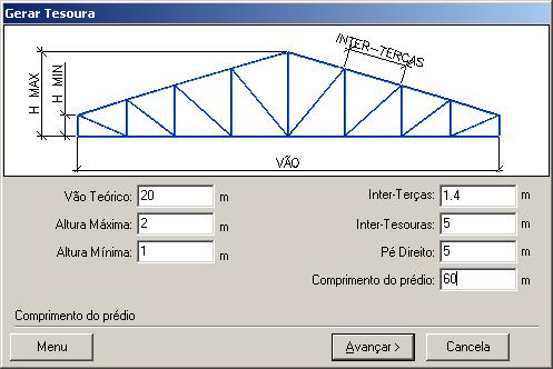 Depois de selecionado o tipo de estrutura e as unidades, prossegue-se com a entrada de dados clicando no botão. 2º. Passo: Declaram-se os dados relativos às ações: Ação permanente (telhas, forro, etc.