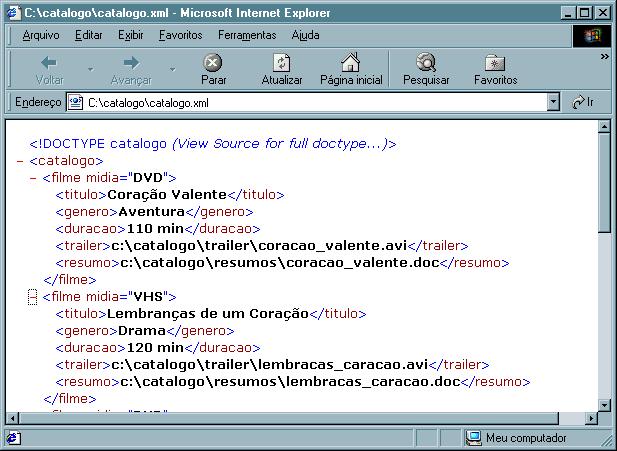 93 Ao carregar o documento catalogo.xml" no browser Internet Explorer pode-se notar a declaração efetuada (Figura 13, seta 1). 1 Figura 13: Documento catalogo.xml associado ao DTD.
