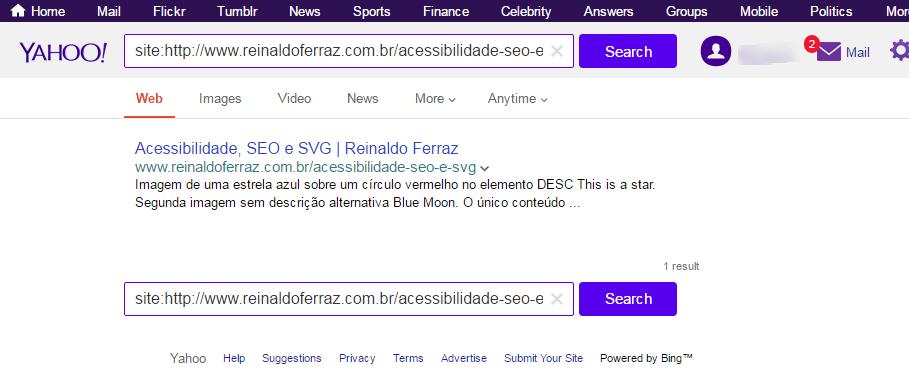 Figura 4. Imagem do resultado de busca feito pelo buscador Yahoo. O buscador indexou os elementos <desc> e <text>.