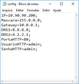 config.txt padrão config.txt alterado conforme a rede Neste caso, foi designado o IP 10.90.90.200. A máscara e gateway devem ser os mesmos de sua rede.