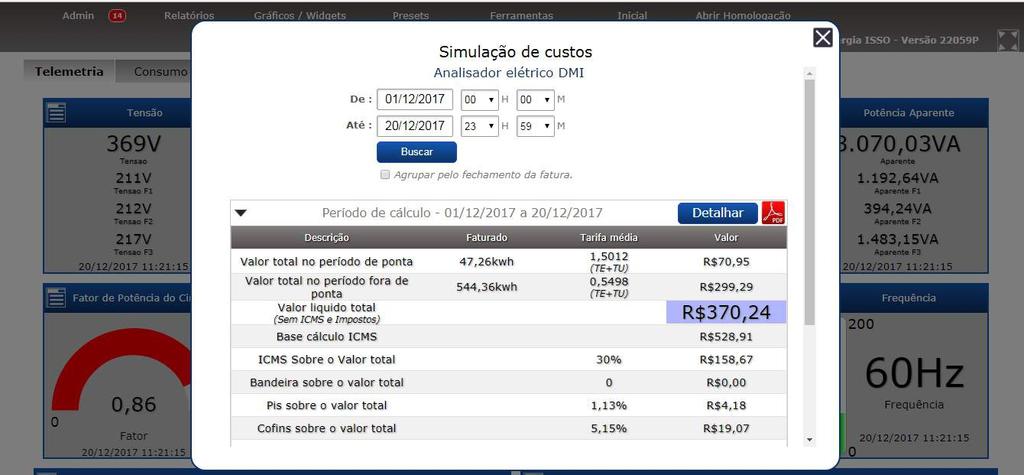 Será apresentado um resumo do consumo e custos do período selecionado.