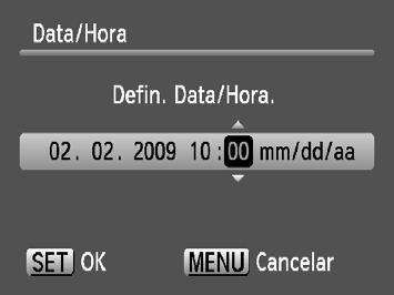 Definir a Data e a Hora O ecrã de definições de Data/Hora é apresentado quando a câmara é ligada pela primeira vez.