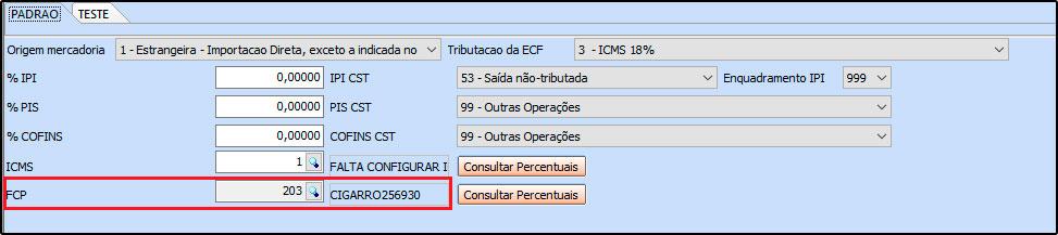 É importante ressaltar que o sistema só irá indicar a tabela se o produto cadastrado tiver o FCP.