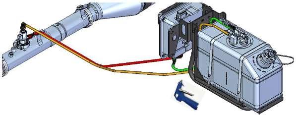 Tubo de uréia (Injetor x DCU) (Tubo cor vermelha no desenho abaixo) Obs: Deixar desconectado (por enquanto) F) Desconectar tubo (extremidade conectada no Injetor) Lavar conector com