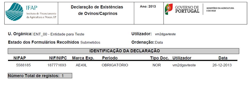 Figura 63 Exemplo de relatório discriminado No relatório produzido e para além dos dados do detentor, surge a informação do Tipo de