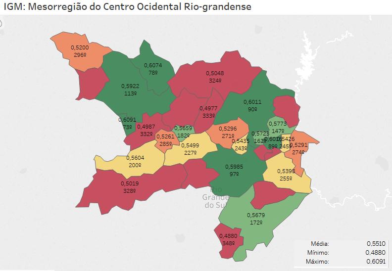 IGM-CFA nas mesorregiões do RS: A Mesorregião do Centro Ocidental Rio-Grandense é uma das sete mesorregiões do estado brasileiro do