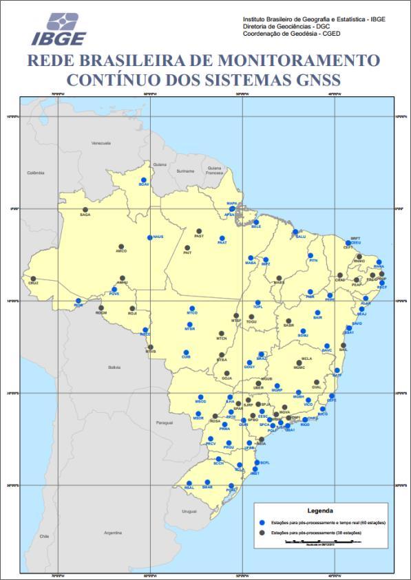 42 Figura 5: Estações de Referência do IBGE para o processamento em tempo real e o pósprocessamento de coordenadas. Fonte: IBGE, 2014.