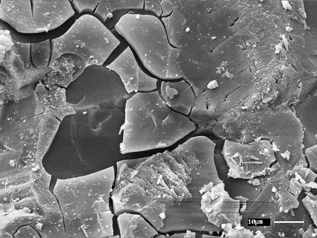 76 A Figura 3.7 traz um exemplo de microscopia eletrônica de varredura, mostrando detalhes de um gel maciço gretado revestindo o agregado graúdo. Figura 3.7 - Gel maciço gretado revestindo o agregado graúdo Aumento 1500x (HASPARYK et al.