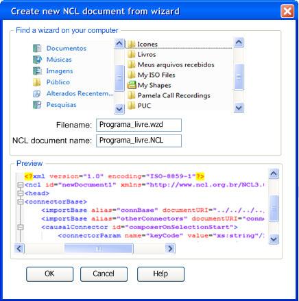 Aplicação da Proposta a um Reprojeto do Composer 143 Caso o usuário queira executar um wizard para criação de um documento NCL, ele deverá escolher esta opção a partir do menu.