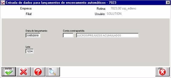 Para gerar o lançamento de encerramento deve-se informar a data do lançamento, a conta contrapartida na qual será lançado o valor e o lote que deve