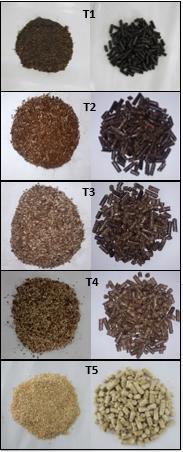 Figura 4 Pellets produzidos a partir da biomassa do resíduo pós torrefação do café e pinus em diferentes proporções 5.3.