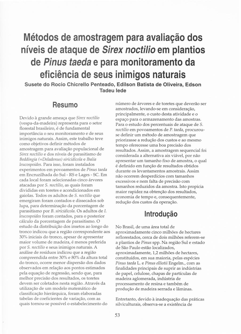 Métodos de amostragem para avaliação dos níveis de ataque de Sirex noctilio em plantios de Pinus taeda e para monitoramento da eficiência de seus inimigos naturais Susete do Rocio Chicrello Penteado,