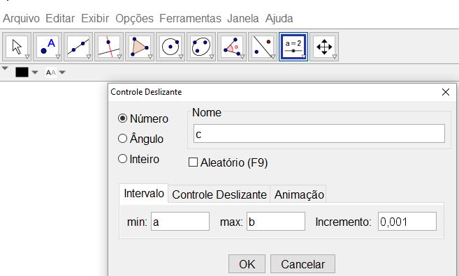 Crie os pontos A(a, f(a)) e B(b, f(b)); 7. Trace a reta secante que passa pelos pontos A e B, escrevendo Reta[A,B] no campo de entrada.