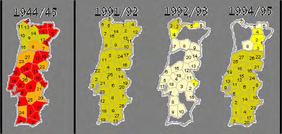 Fig. 2 Áreas afectadas por seca no ano record de 1944/45 e no início da década de 90 (extraído de SANTOS, 1998).