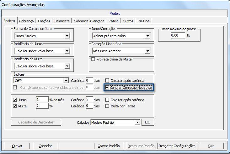 3. Parâmetro para ignorar deflação no cálculo de correção Nesta nova versão do Condomínio21 foi incluído um novo parâmetro para permitir que o sistema ignore a deflação do índice ao efetuar cálculo