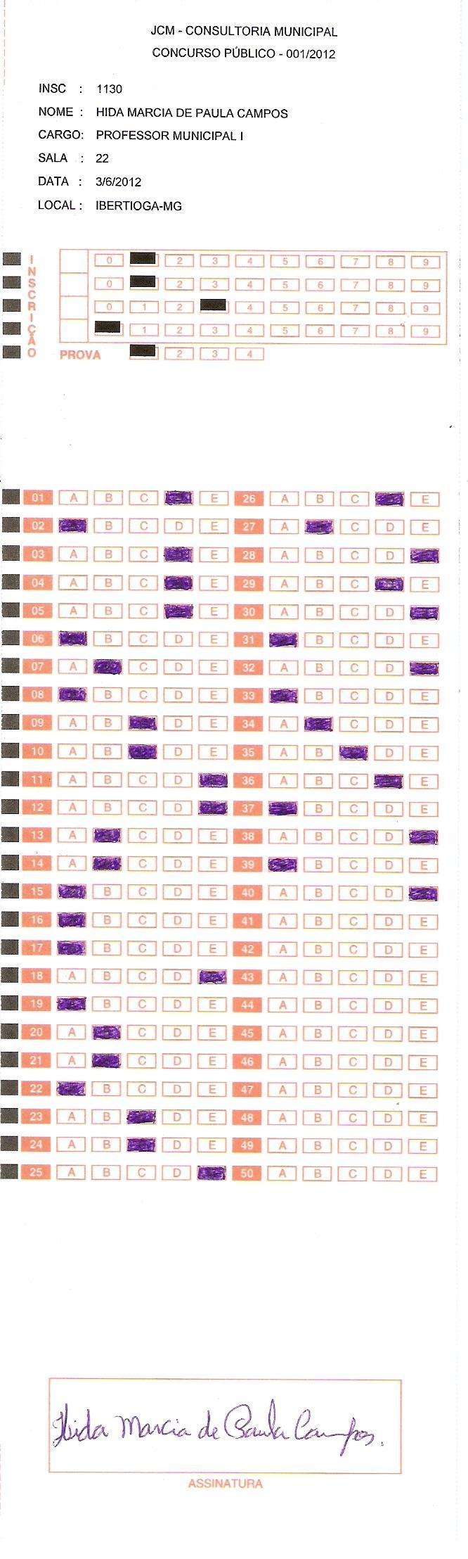 Candidato: HIDA MARCIA DE PAULA CAMPOS Insc: 1130 Cargo: PROFESSOR MUNICIPAL I PROVA ACERTOS PONTOS POR QUESTÃO PONTUA ÇÃO