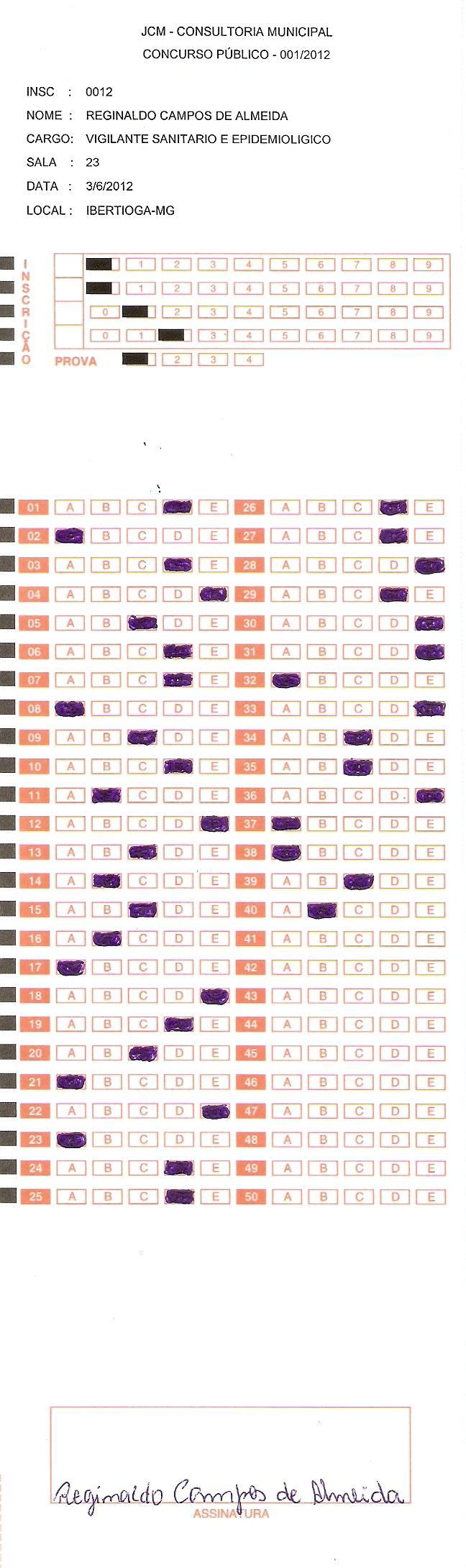 Candidato: REGINALDO CAMPOS DE ALMEIDA Insc: 0012 Cargo: VIGILANTE SANITARIO E EPIDEMIOLOGICO PROVA ACERTOS PONTOS POR QUESTÃO