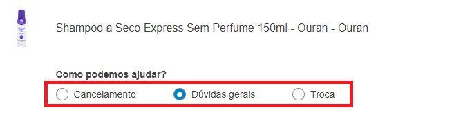 O cliente seleciona o motivo que