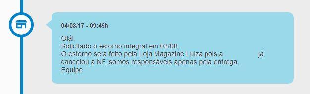 Neste atendimento o seller informa para o cliente que o cancelamento é responsabilidade do Magazine Luiza.