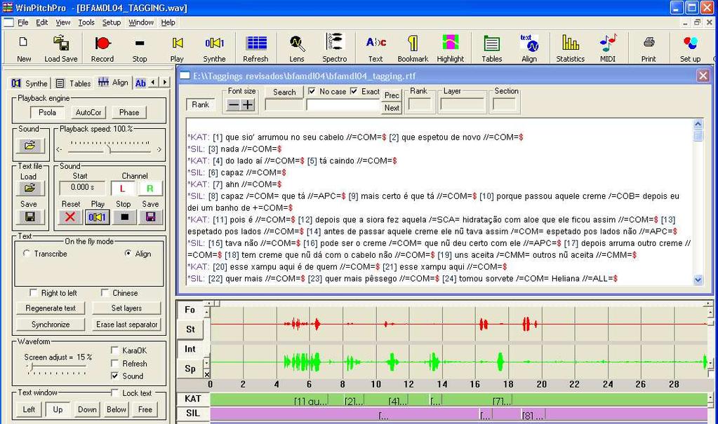 Figura 40: Imagem da tela do Winpitch com alinhamento texto-som