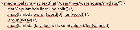 aqui. O objetivo deste código é calcular o tamanho médio das linhas que cada palavra aparece em um arquivo texto. A primeira coisa que ele fez foi ler os dados do HDFS.