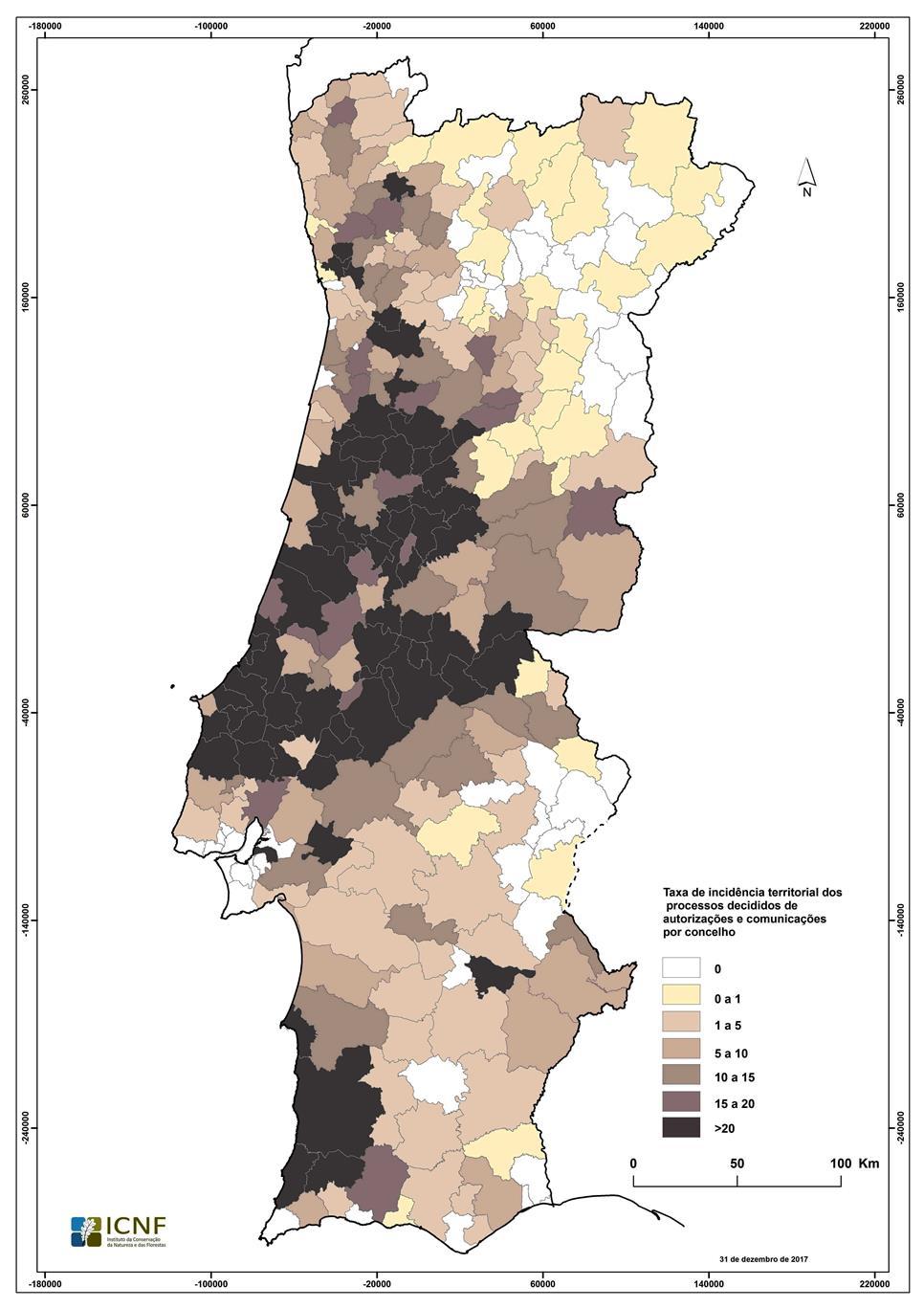 Mapa 3 Taxa de intensidade territorial ao nível do concelho, das intervenções autorizadas e validadas Nota