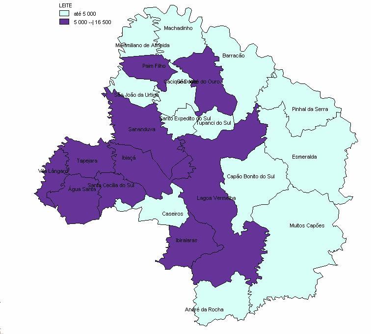 A Figura 15 mostra os municípios do corede segmentados em dois extratos: municípios com produção anual de até 5 milhões de litros de leite e municípios com produção maior, em 2003.