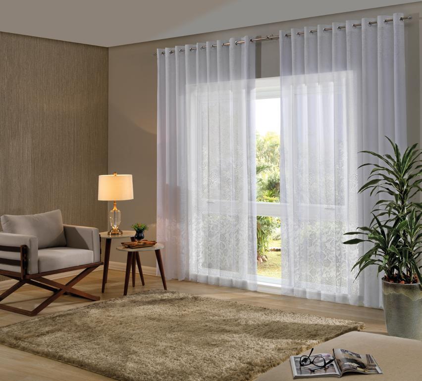 Cortinas para sala com lhós Renda Metro 1,90m Branco: 7521BR00 Bege: 7521BG00 Renda Metro 2,40m Branco: 7621BR00 Bege: 7621BG00